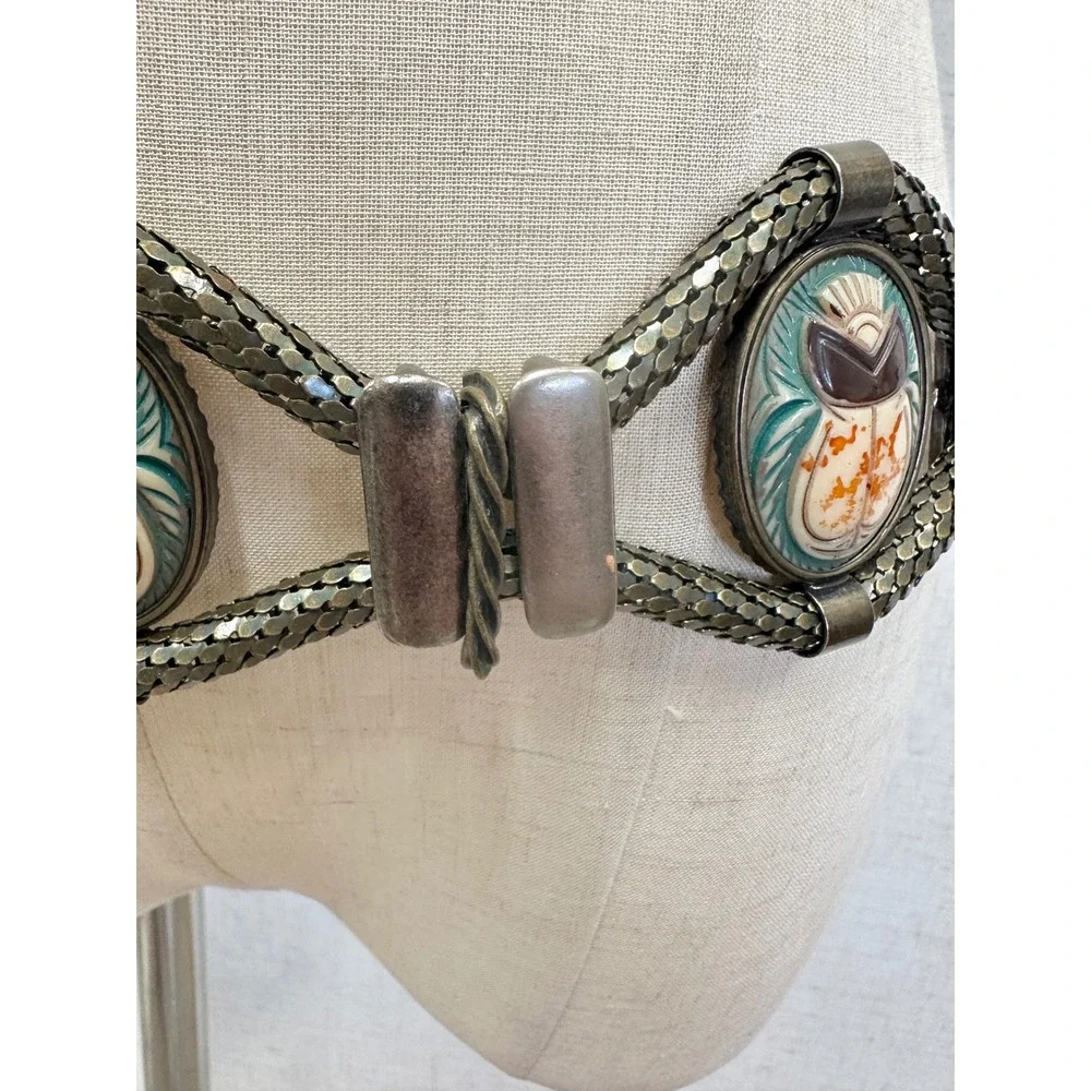 Vintage Egyptian Revival Scarab Beetle Antique Brass Mesh Chain Belt Women SM